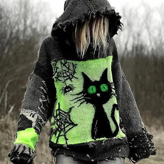 Gothic Halloween Oversized Sweaters Horror Black Cat Sweater O Neck Hooded Pullover-MoonChildWorld