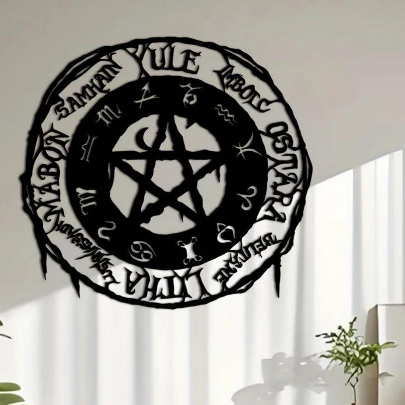Wicca Pentagram Metal Wall Art - Pentacle Wheel of the Year Metal Sign Pagan Decor-MoonChildWorld