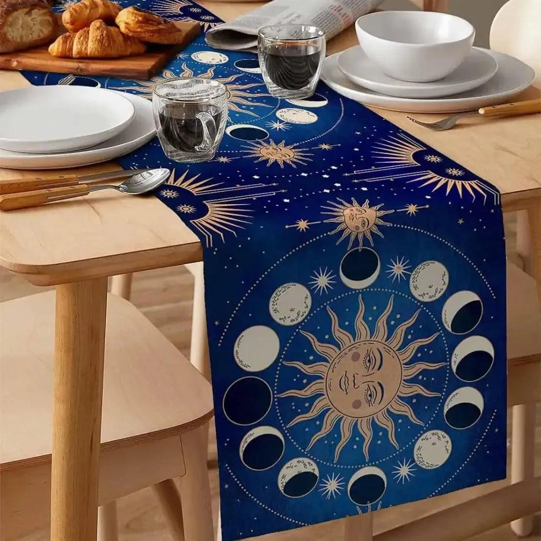 Sun Moon Tarot Astrology Linen Table Runner Celestial Table Runner Wicca Pagan Decor-MoonChildWorld