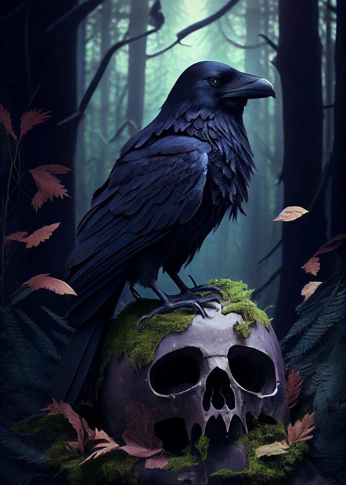 Skull Raven Gothic Poster Crow Moon Wall Art-MoonChildWorld