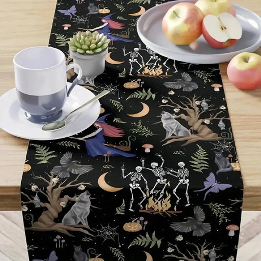 Fantasy Halloween Table Runner with Witch, Skull, Natural Elements