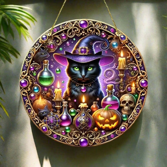 Witch Black Cat Spooky Suncatcher Halloween Acrylic Sign