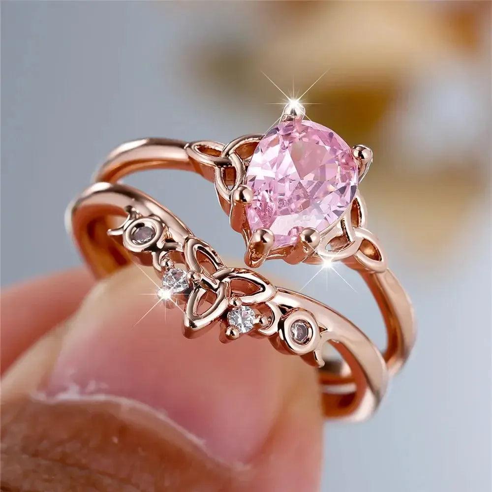 Pink Zircon Crystal Celtic Knot Triple Moon Wiccan Ring Witch Jewelry-MoonChildWorld