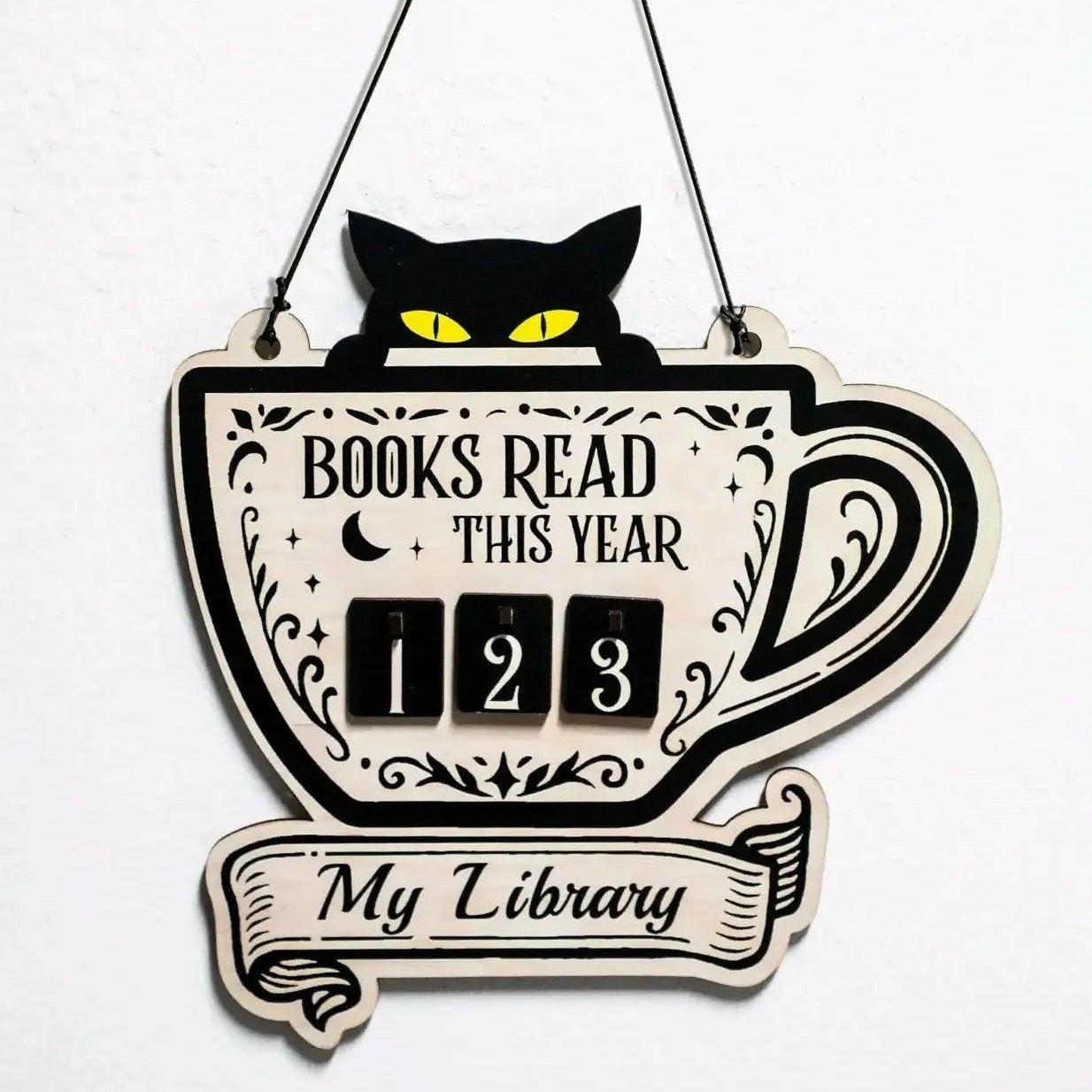 Black Cat Book Tracker Sign Occult Cat Wall Hanging Decor with Counting Blocks-MoonChildWorld