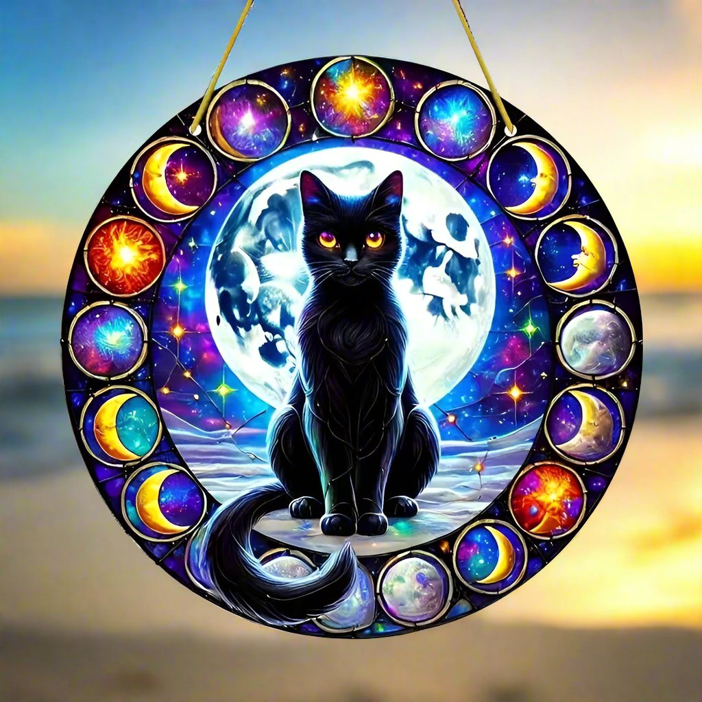 Mystery Black Cat Suncatcher Moon Phases Cat Window Hanging-MoonChildWorld