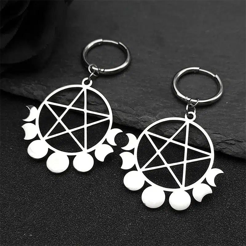 Goth Witchcraft Pentacle Moon Phase Earrings Witch Jewelry-MoonChildWorld