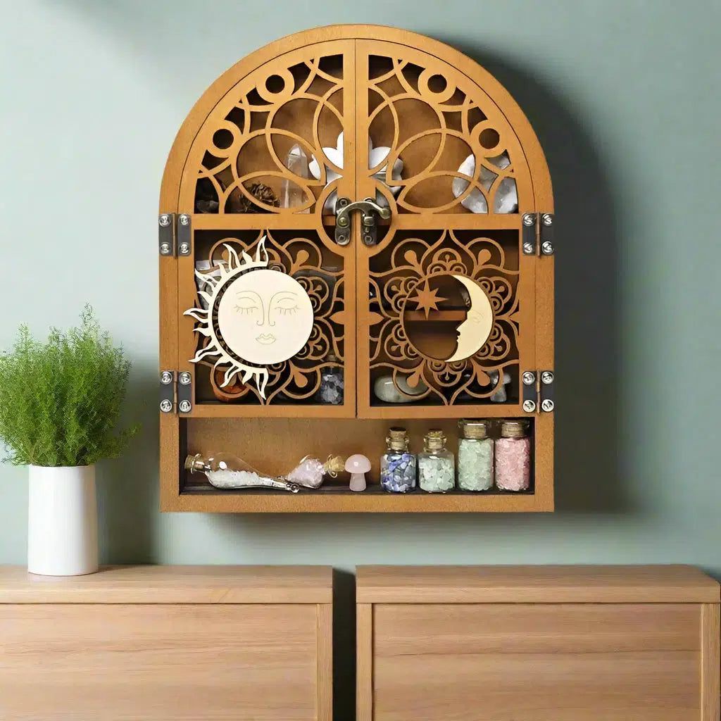 Sun and Moon Shelf Wicca Pagan Wooden Crystal Cabinet-MoonChildWorld