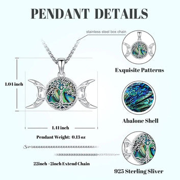 Wicca Triple Moon Necklace 925 Sterling Silver Tree of Life Necklace Pagan Jewelry