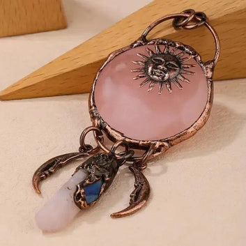 Sun Moon Wiccan Pendant With Natural Crystal Stone Pagan Jewelry