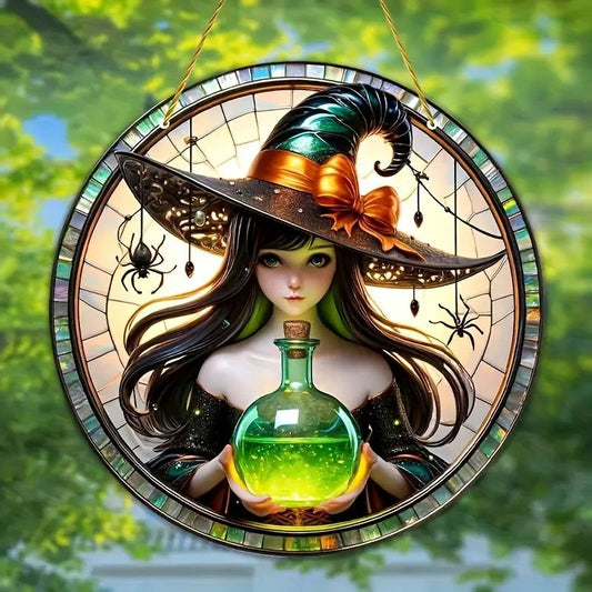 Potion Witch Suncatcher Gothic Acrylic Round Sign Halloween Home Decor