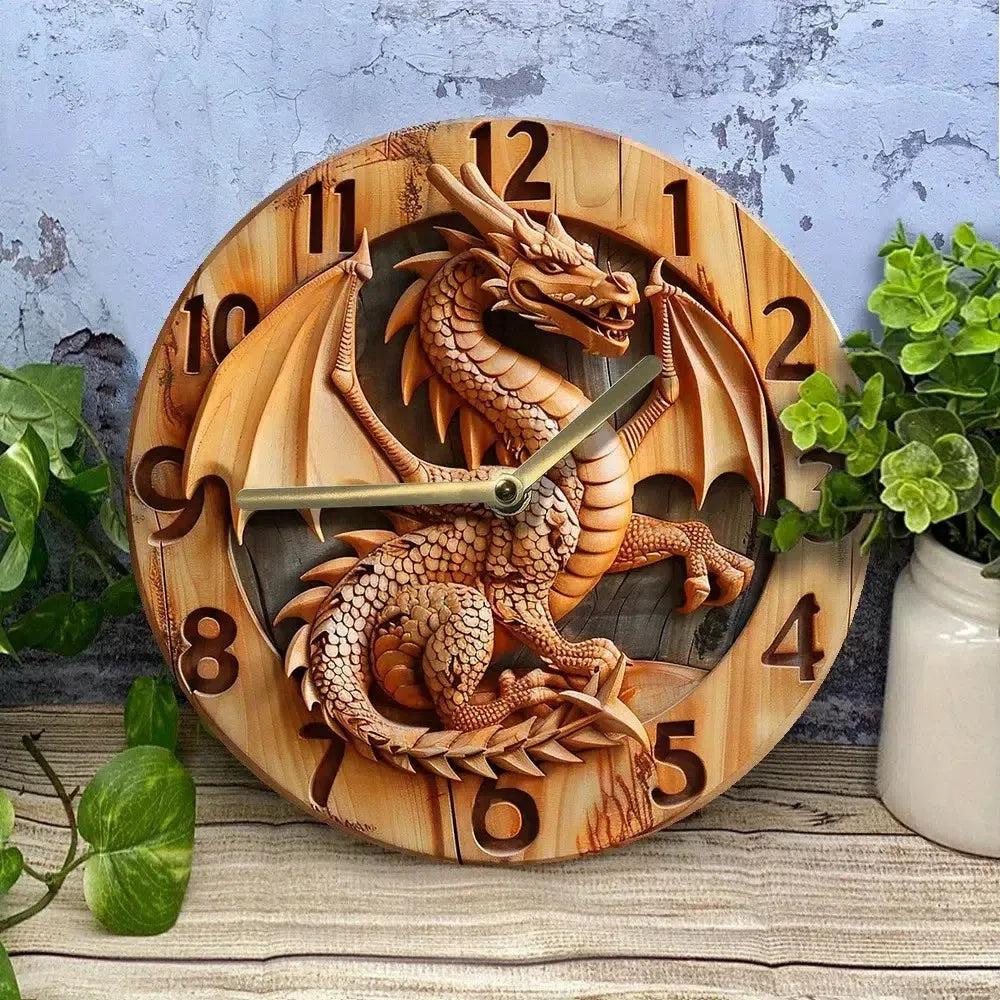 Wooden wall clock with a dragon - Mythical Dragon Wall Clock-MoonChildWorld