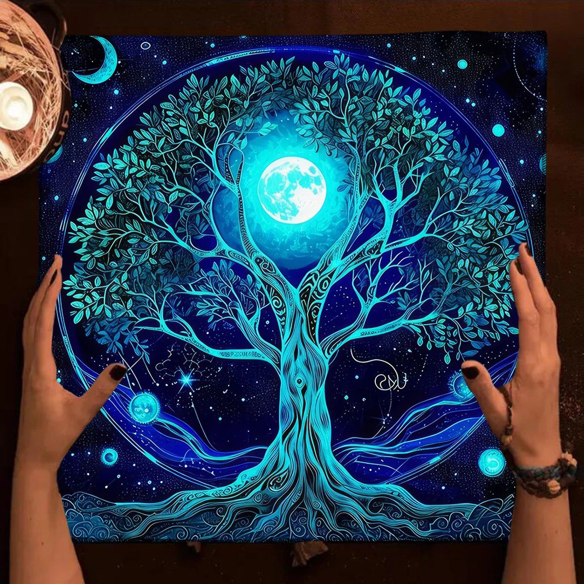 Mystic Blue Moon Tree of Life Tarot Card Tablecloth Wicca Altar Cloths Pagan Tablecloth-MoonChildWorld