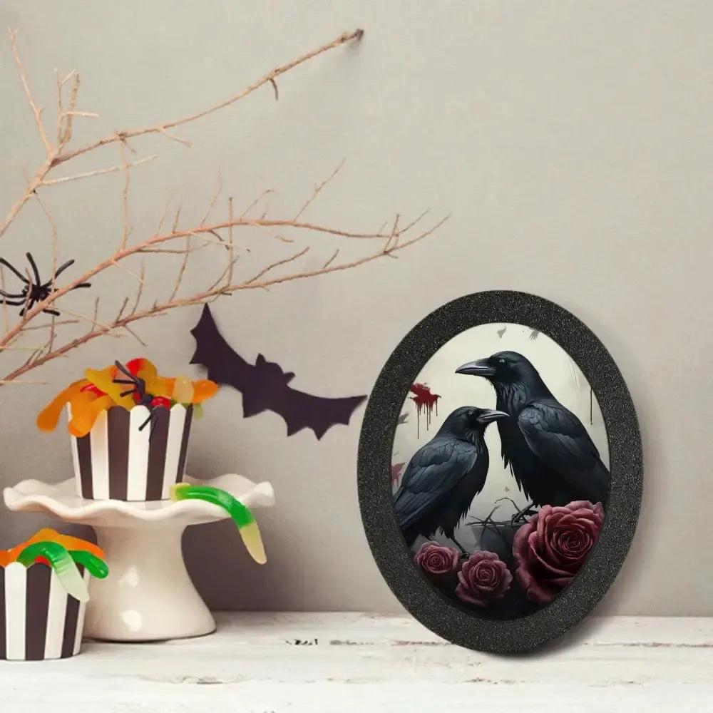 Dark Crows Gothic Wooden Oval Frame - Witchy Ravens Oval Wall Art - Halloween Wall Decoration-MoonChildWorld