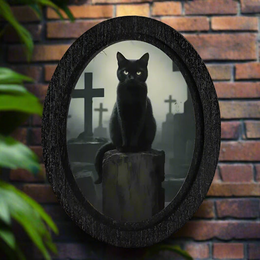 Black Cat Gothic Wooden Oval Frame - Halloween Oval Wall Art for Witch Home Decor