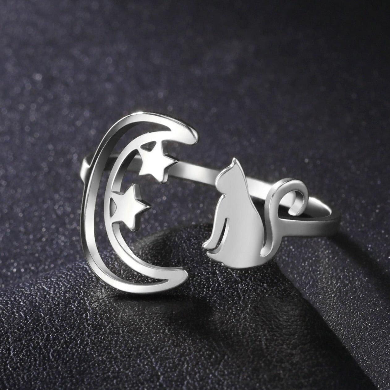 Crescent Moon Cat Witchy Ring-MoonChildWorld