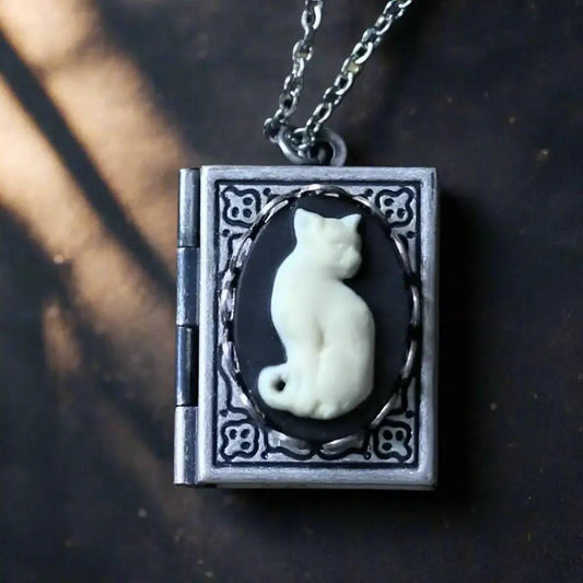Halloween Gothic Cat Necklace - Wicca Book of Shadow Witchy Cat Goth Jewelry