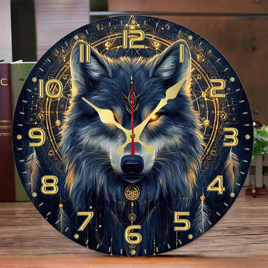 Golden Wolf King Wooden Wall Clock