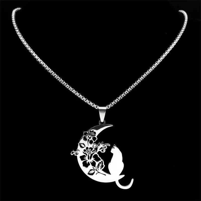 Aesthetic Flower Cat Moon Necklace-MoonChildWorld