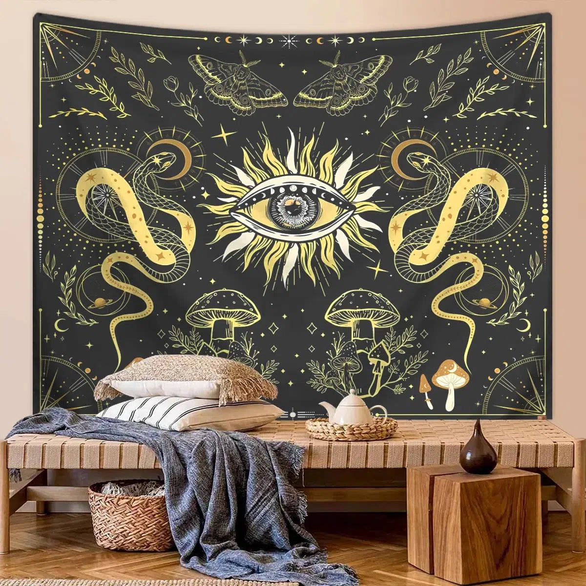 Sun eyes Magic moth mushroom snake tapestry Hippie tapestry-MoonChildWorld