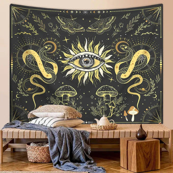 Sun eyes Magic moth mushroom snake tapestry Hippie tapestry