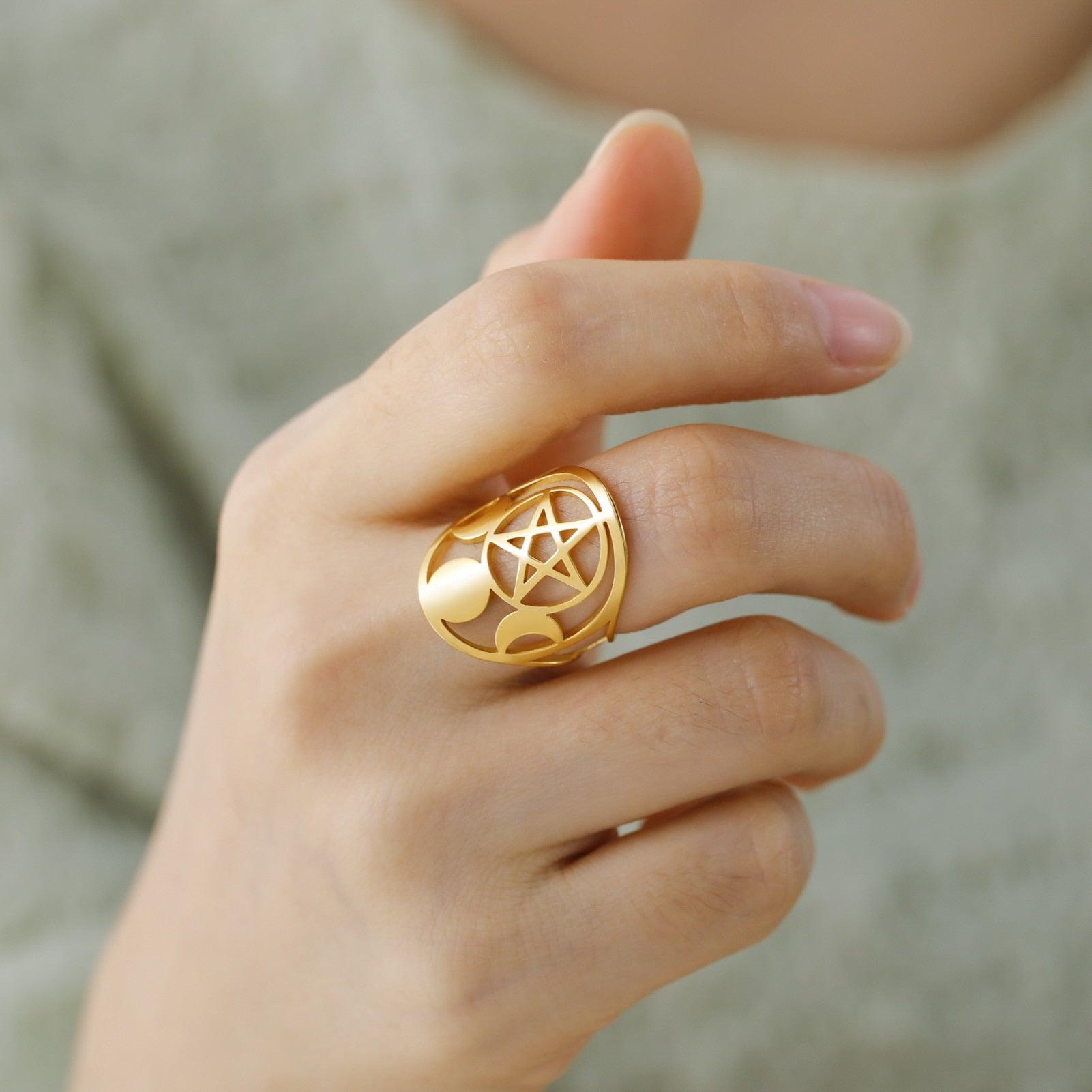 Pentagram Moon Ring Wicca Pagan Jewelry-MoonChildWorld