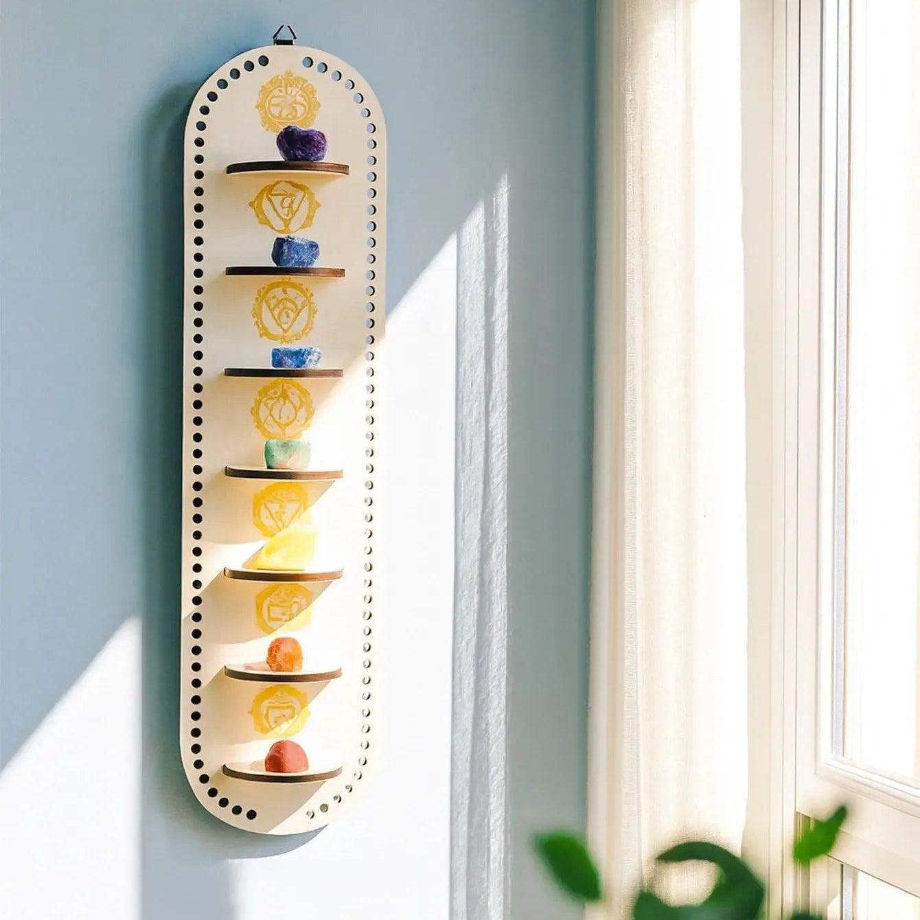 Moon Phase & Chakra Crystal Wall Shelf Wooden Hanging Display for Healing Stones Wicca Home Decor Wall Hanging-MoonChildWorld