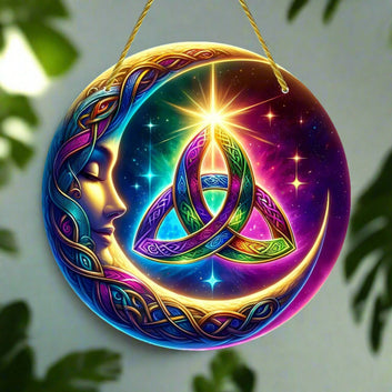 Celtic Triquetra Crescent Moon Suncatcher Wicca Acrylic Round Sign Pagan Home Decor