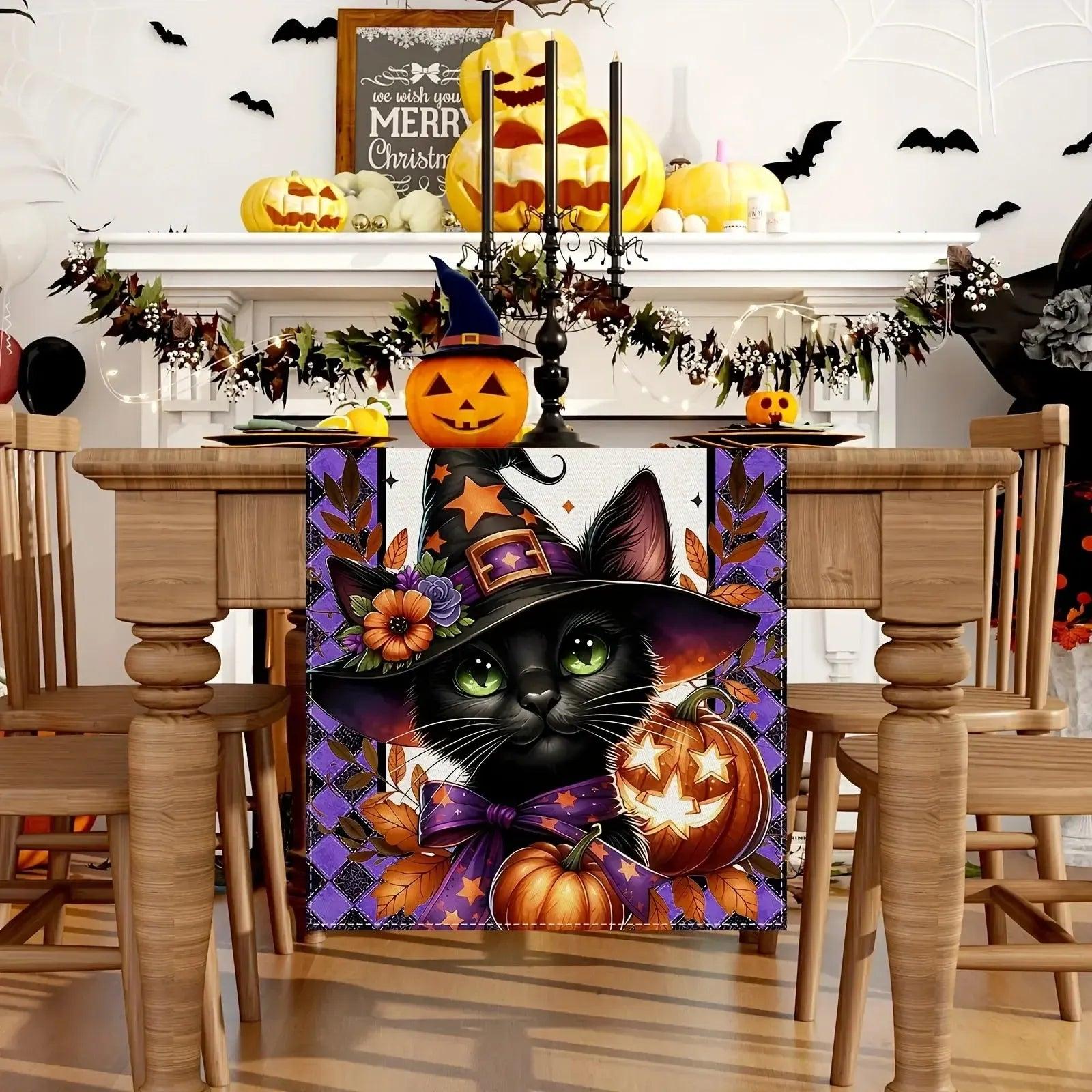 Gothic Black Cat Pumpkin Halloween Table Runners - Witchy Spooky Table Decor for Halloween-MoonChildWorld
