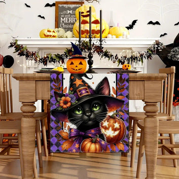 Gothic Black Cat Pumpkin Halloween Table Runners - Witchy Spooky Table Decor for Halloween