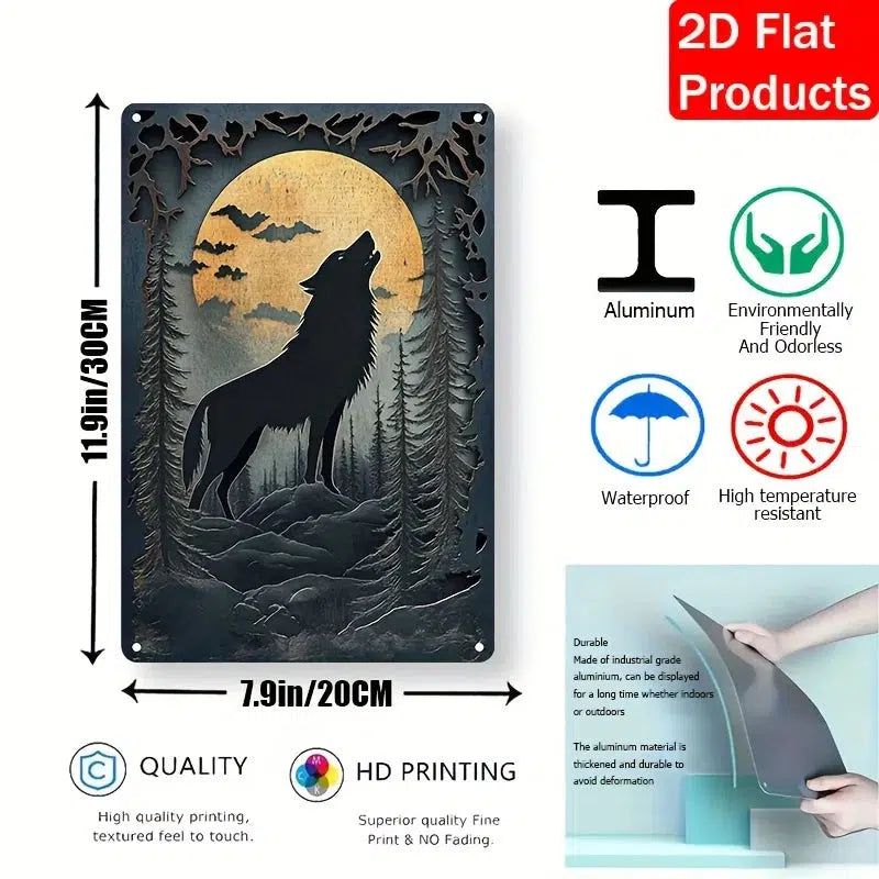 Classic Wolf Howling At Moon Wall Art Black Wolf Metal Sign-MoonChildWorld