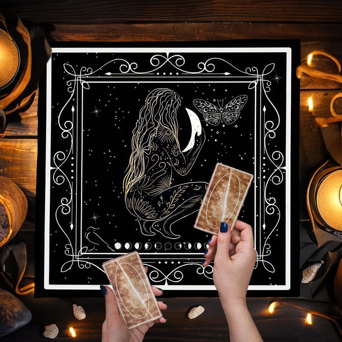 Witchy Woman Moon Phase Tarot Card Tablecloth Wicca Altar Cloths Divination Tarot Table Cloth-MoonChildWorld