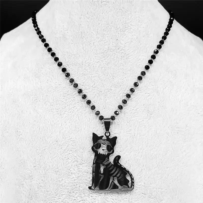 Gothic Skeleton Cat Necklace Witch Black Cat Necklace Witchy Jewelry-MoonChildWorld