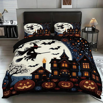 Halloween Bedding Set Gothic Castle Flying Witch Duvet Cover for Witch Home Decor