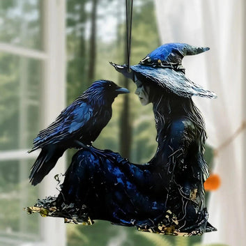 Acrylic Black & Blue Witch & Raven Hanging Ornaments Window Pendant Gothic Halloween Suncatcher Wall Decoration for Home & Party