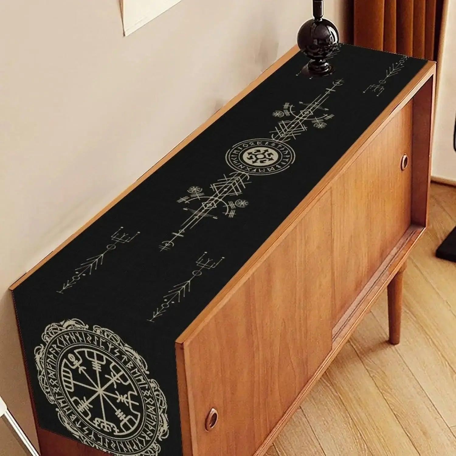 Norse Runes Viking Raven Wolf Linen Table Runner - Mythology Tree of Life Pagan Table Runners-MoonChildWorld