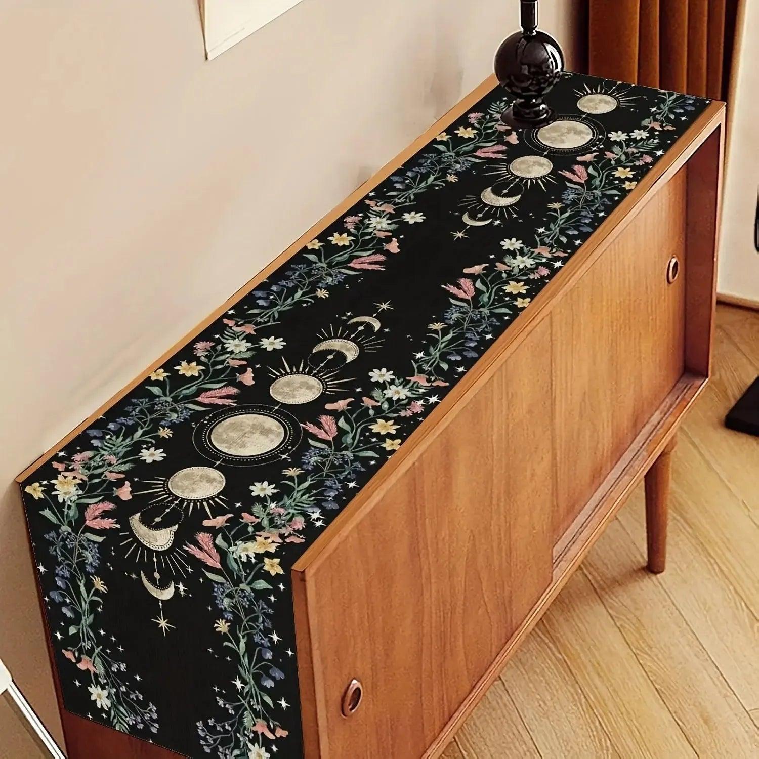 Mystical Moon Phase & Wild Floral Linen Table Runner - Lunar Cycle Table Runner Astrology Home Decor-MoonChildWorld