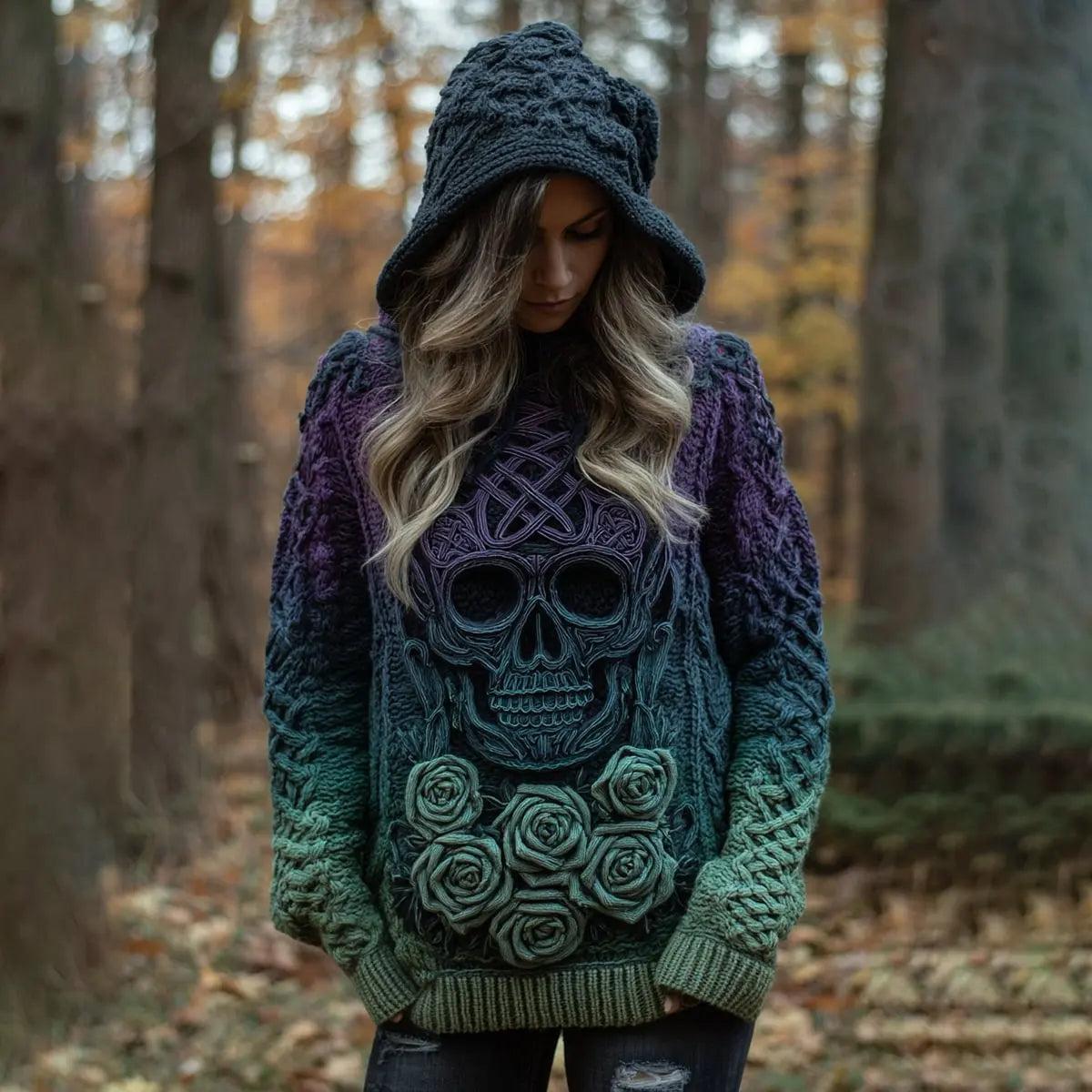 Gothic Halloween Oversized Sweaters Horror Skull Sweater O Neck Hooded Pullover-MoonChildWorld