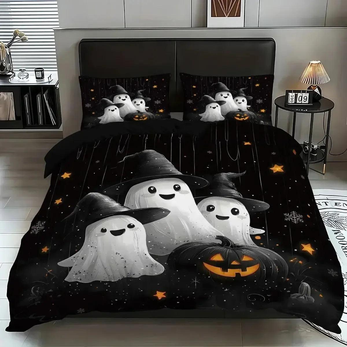 Spooky Pumpkin Cute Ghost Duvet Cover Set Halloween Bedding Set Witchy Home Decor-MoonChildWorld