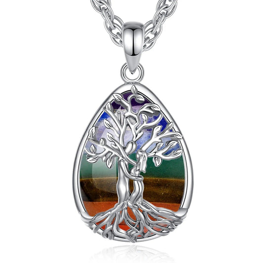 Tree of Life Pagan Necklace 7 Color Chakra Healing Stone Crystal Necklace Spiritual Jewelry