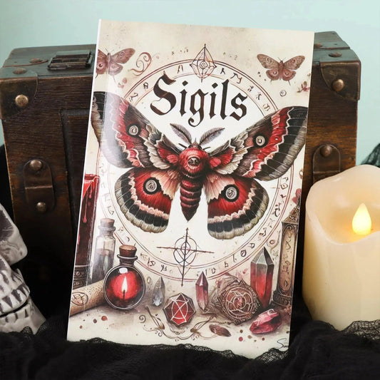 Vintage Occult Grimoire - Sigils & Mystical Symbols Guide - Dark Art Ritual Book with Moons, Pentagrams & Butterfly Design