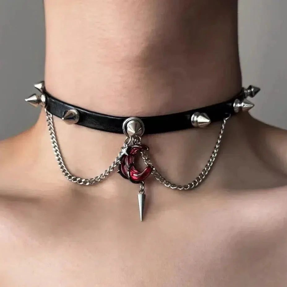 Red Crystal Moon Choker Gothic Witch Necklace Goth Jewelry-MoonChildWorld