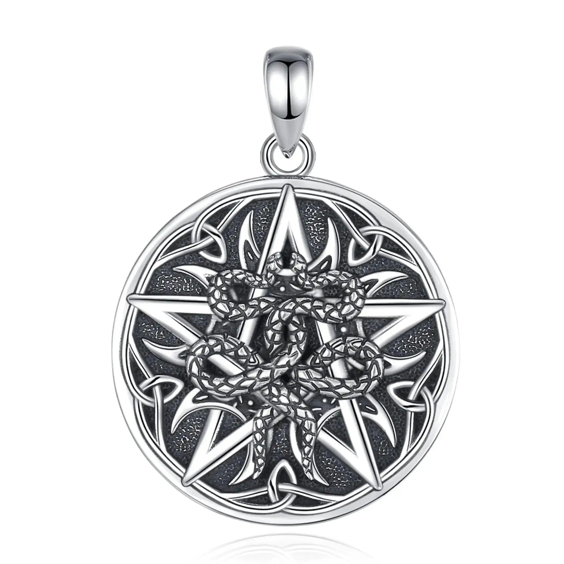 925 Sterling Silver Witchy Pentagram Snake Necklace Celtic knot Wicca Pagan Jewelry-MoonChildWorld