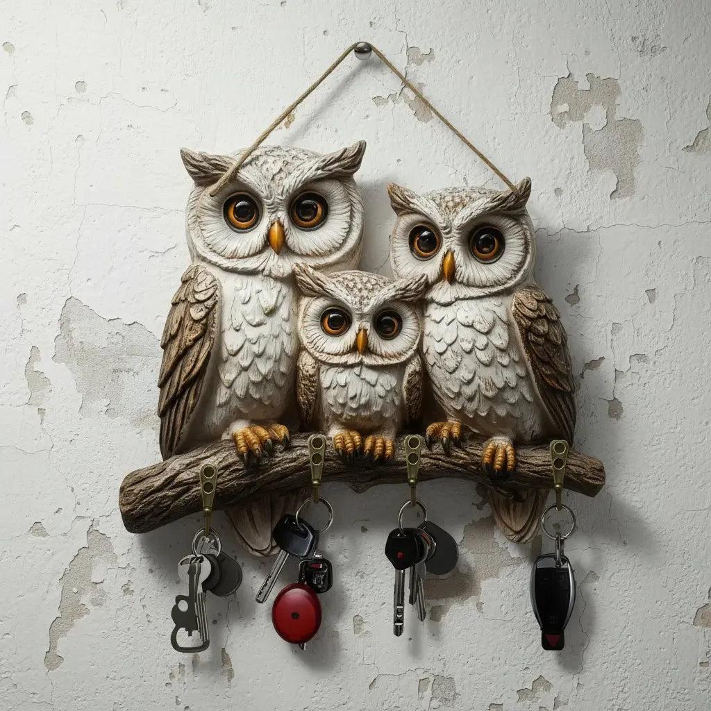 2D Owl Family Wooden Multifunctional Key Holder with Four Metal Hooks-MoonChildWorld