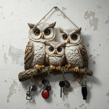 2D Owl Family Wooden Multifunctional Key Holder with Four Metal Hooks-MoonChildWorld