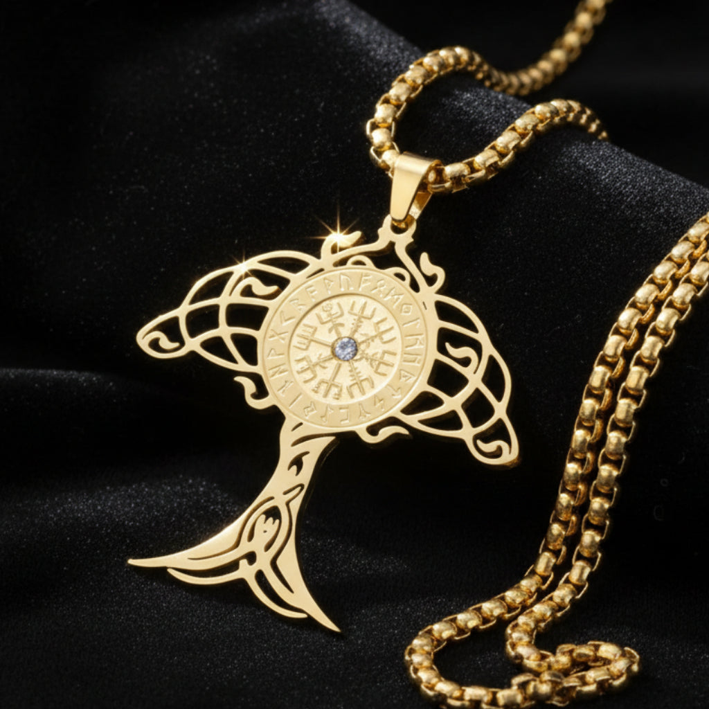 Close-up of gold Yggdrasil Tree of Life pendant – Vegvisir rune compass with sparkling crystal, box chain necklace