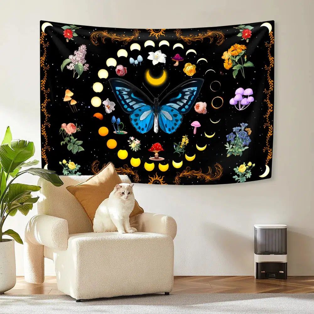 Moon Phase Tapestry Butterfly Mushroom Psychedelic Tapestry-MoonChildWorld