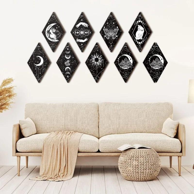 Celestial Moon Phases Wall Decor Set 9pcs - Wicca Sun Moon Wooden Hanging Signs for Witchy Home Decor-MoonChildWorld