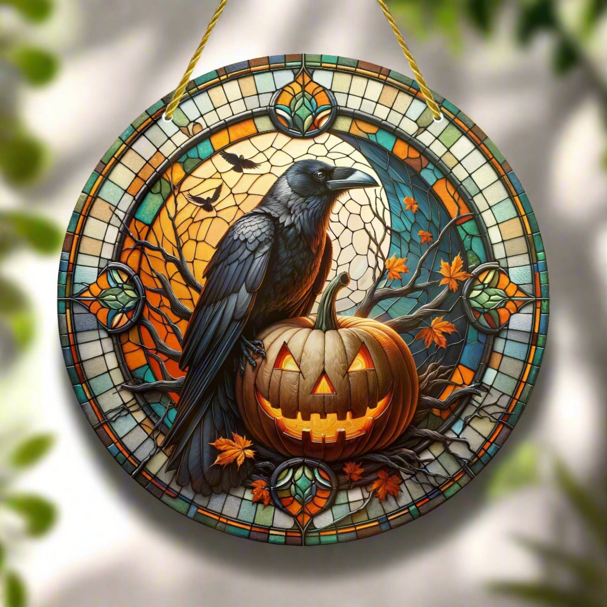 Pumpkin Raven Suncatcher Gothic Crow Acrylic Sign Halloween Decoration-MoonChildWorld