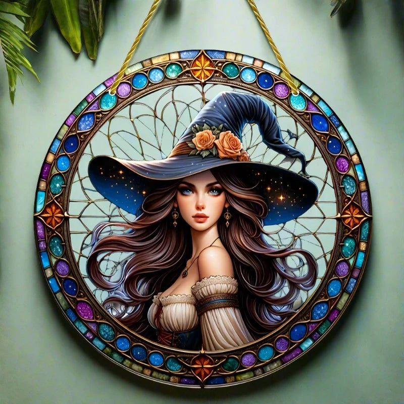 Beautiful Witch Suncatcher Enchanting Acrylic Round Sign Mystic Decor-MoonChildWorld