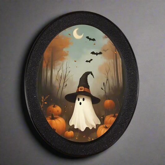 Cute Ghost Witch Wooden Oval Frame - Gothic Oval Wall Art - Halloween Wall Decoration
